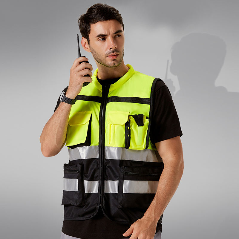Hestic Sports Wear Customized Black Reflective Safety Vest Company Logo With Pockets Custom Color Fluorescent Visibility Work Class 2 Safety Vest